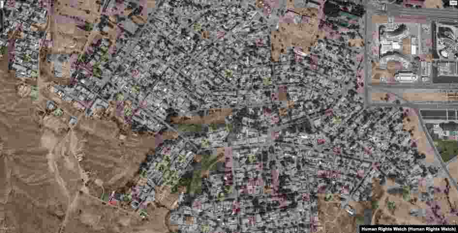 Satellit arkaly alnan bu suratlarda "Gaža" sebintiniň demirgazyk böleklerindäki jaýlaryň ýumrulmagyndan ozalky (2015 ý.) we soňraky ýagdaýyny (2017 ý) synlasa bolýar. &copy; 2017 CNES&nbsp;- Airbus DS; &copy; 2017 DigitalGlobe; Çeşme: Google Earth 