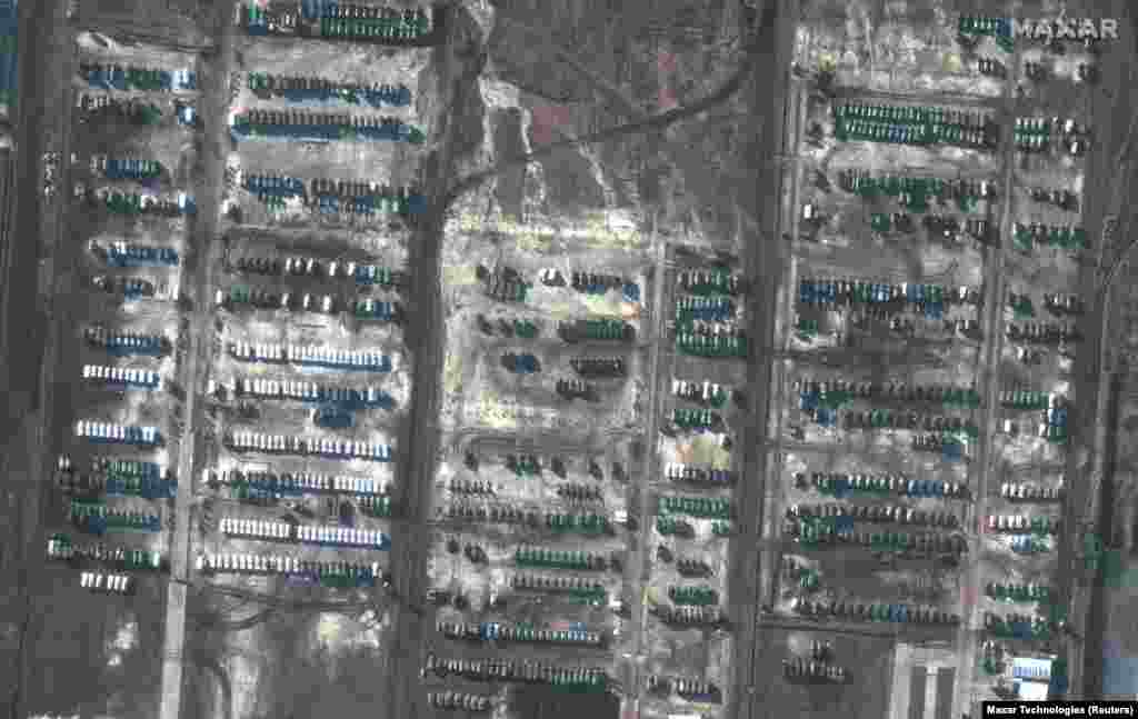 A satellite image shows Russian armed forces near the Ukrainian border in Soloti, Russia, on December 5, 2021.