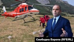 Колаж с министъра на транспорта Гроздан Караджов пред един от медицинските хеликоптери, купени от България.