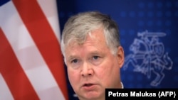 LITHUANIA -- U.S. Deputy Secretary of State Stephen Biegun speaks during a joint press conference with Lithuanian Foreign Minister after a meeting in Vilnius,
August 24, 2020
