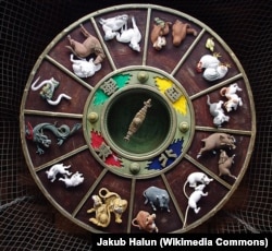 Чыгыштын 12 жаныбарга негизделген жылсанагы Жапониянын Фукуока шаарындагы синтоисттик “Кусида” (“Кушида”) ыбаадатканасынын дарбазасынын шыбына оюлуп чегилген. 20.7.2010.