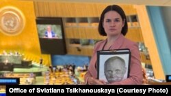 Сьвятлана Ціханоўская ў зале Генэральнай асамблеі ААН. Нью-Ёрк, ЗША. 23 верасьня 2025 году 