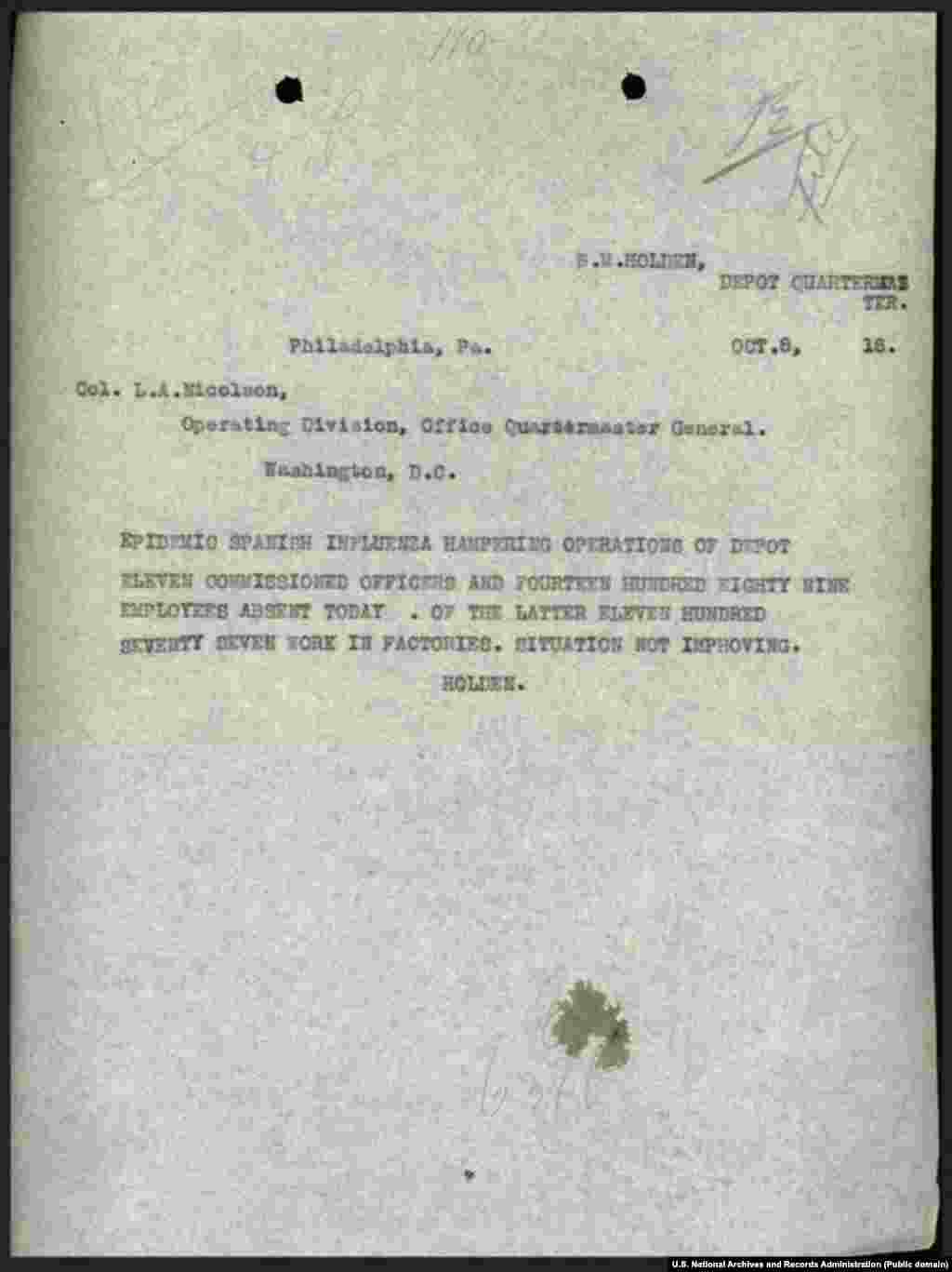 Рапорт о кризисе с персоналом в военном депо в Филадельфии 8 октября 1918 года. В рапорте в канцелярию Генерального Квартирмейстера США в Вашингтоне сообщается, что 11 офицеров и 1489 сотрудников "отсутствуют на работе" и ситуация не улучшается.&nbsp;