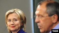 Russian Foreign Minister Sergei Lavrov with visiting U.S. Secretary of State Hillary Clinton at a press conference in Moscow
