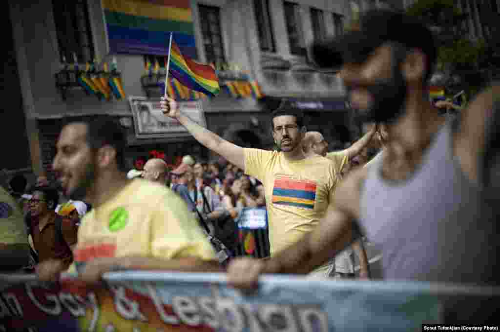 Members of the the Armenian Gay and Lesbian Association marching in the LGBT Pride Parade in New York. "When I was growing up, there was this very small box that you had to fit into to be a good Armenian," Tufankjian says. "That box is really expanding."&nbsp;
