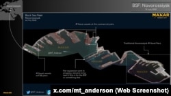 Расположение кораблей Черноморского флота РФ у причала Пограничной службы ФСБ РФ и у коммерческих причалов в Новороссийском порту. Скриншот со страницы @MT_Anderson в соцсети Х
