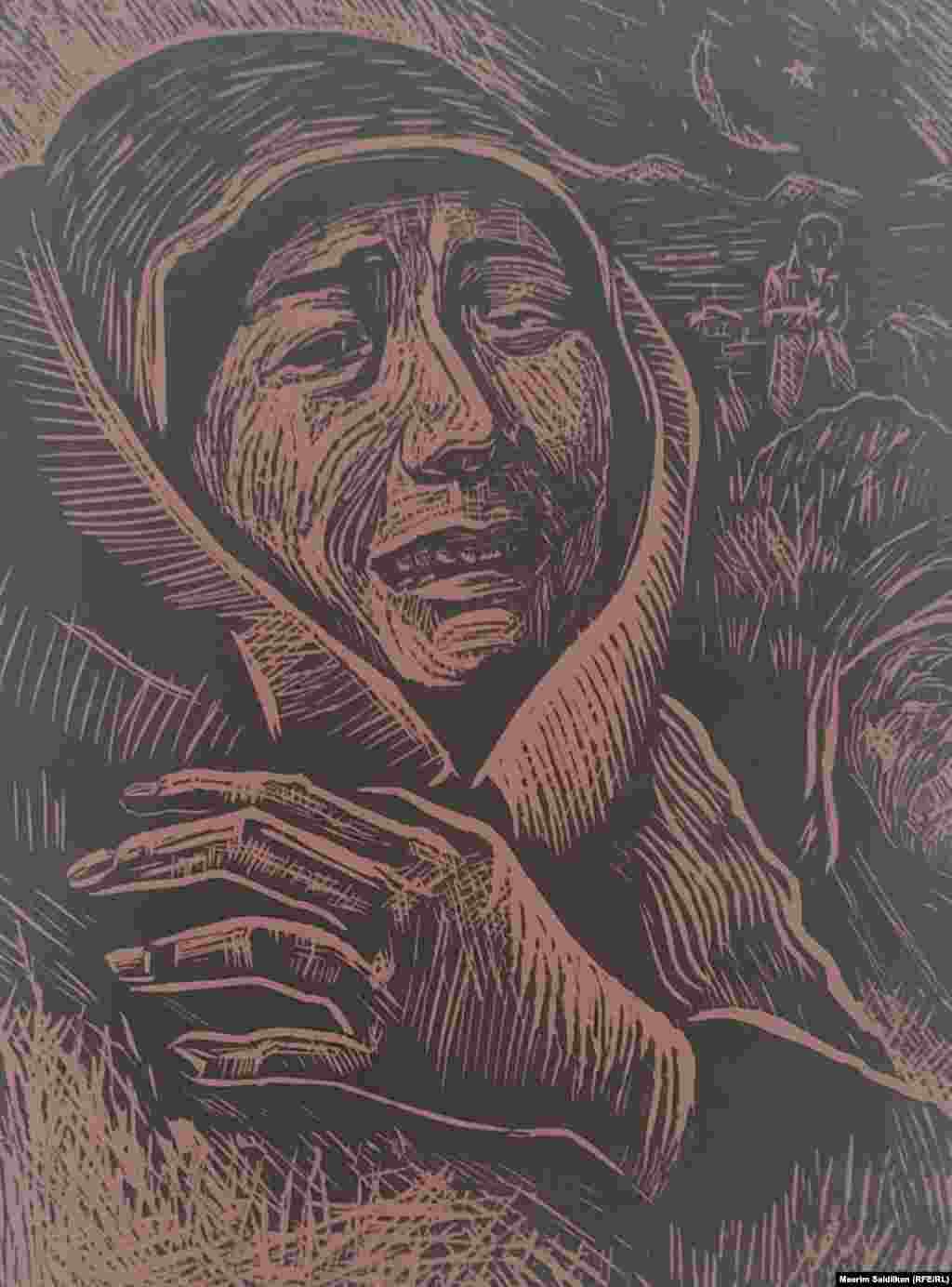 А.Улан кызынын "Толгонай эне" аттуу эмгеги. Линогравюра, 2020