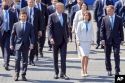 Președinții Volodimir Zelkenski (stânga), Klaus Iohannis, Maia Sandu și Andrzej Duda, la Chișinău, pe 27 august 2021