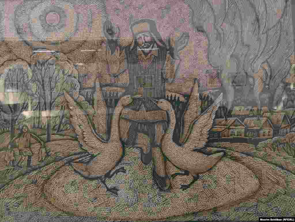 Ф.С. Шаймухаметовдун "Каздардын бийи" аттуу эмгеги түстүү линогравюра, 2008-жыл.&nbsp;