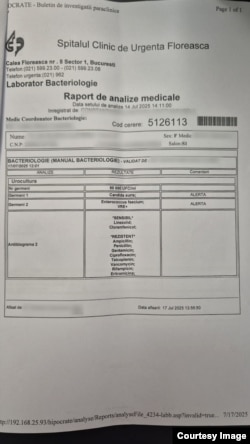 Buletin de analize al Laviniei Vlad, de la Spitalul de Urgență Floreasca, listate pe 17 iulie, care arată infecția cu candida auris.