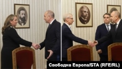 Президентът Румен Радев проведе консултации за сформиране на правителство с Деница Сачева от ГЕРБ (вляво) и Асен Василев, Николай Денков от ПП-ДБ, 15 декември 2025 г.