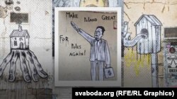 Каляж з творчасьці мастака з выявай Маска, за якую яго асудзілі