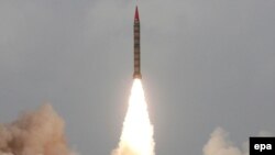 A Pakistani intelligence handout of a nuclear-capable Hatf-VI (Shaheen-2) long-range ballistic missile during a test-fire in April 2008