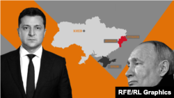 Украинанын президенти Владимир Зеленский менен Орусиянын президенти Владимир Путин. Коллаж.