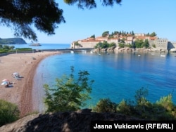 Sveti Stefan island and beach photographed in summer 2025.
