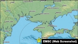 Скриншот изображения с сайта Европейского средиземноморского сейсмологического центра с отметкой землетрясения вблизи Севастополя 