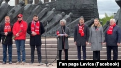 Udhëheqësi i partisë E Majta, Dimitar Apasiev, gjatë fjalimit në Rusi më 9 maj 2025.