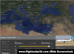 Pamje e ekranit nga faqja FlightRadar24, ku shihet itinerari i avionit të mallrave me shenjën e regjistrimit 4X-ICK nga Beogradi drejt Bereshevës në jug të Izraelit, më 24 qershor 2025.