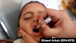 A health worker administers polio vaccine to children during a five-day countrywide vaccination campaign in Peshawar on December 16.