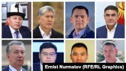 "Октябрь окуясы" боюнча айыпталуучулар. Үстүңкү катарда Жеңиш Молдокматов, Алмазбек Атамбаев, Өмүрбек Бабанов, Курсан Асанов, ылдыйкы катарда Фарид Ниязов, Темирлан Султанбеков, Дамир Мусакеев, Канат Сагымбаев.