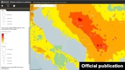 СЗО: Мапа на која се прикажани годишните нивоа на аерозагадување до честичките ПМ2,5.
