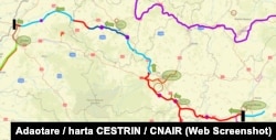 Autostrada Transilvania - cu roșu - partea care e finalizată. Tronsonul cu albstru închis este tronsonul Meșes-Poarta Sălajului-Nușfalău (41km). Cu albstru deschis - tronsoanele contractate.