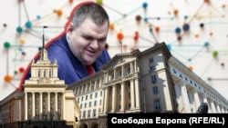 Делян Пеевски наднича над сградите на Народното събрание, Министерския съвет и Съдебната палата в София. Колаж: Свободна Европа