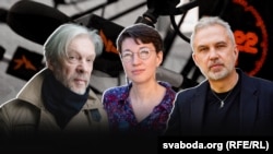 Культуроляг Максім Жбанкоў, паэтка Юлія Цімафеева, пісьменьнік Альгерд Бахарэвіч. Каляж