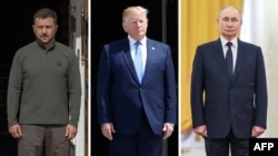 Președintele ucrainean Volodimir Zelenski, președintele american Donald Trump și președintele rus Vladimir Putin (colaj RFE/RL).