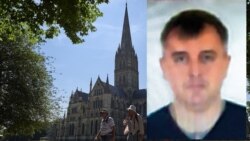 Денис Сергеев ("Сергей Федотов") на фона на катедралата в Солсбъри