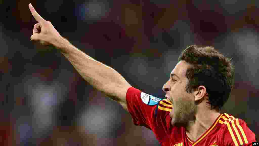 Spanish defender Jordi Alba celebrates after scoring the second goal in the final.