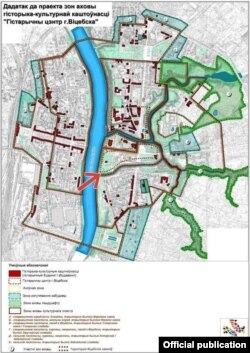 Стрэлкай пазначана месца заплянаванага будаўніцтва