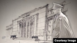 تلفیق اتود طراحی کاخ دادگستری اثر استانیسلاو سووا و عکسی از رضا شاه پهلوی