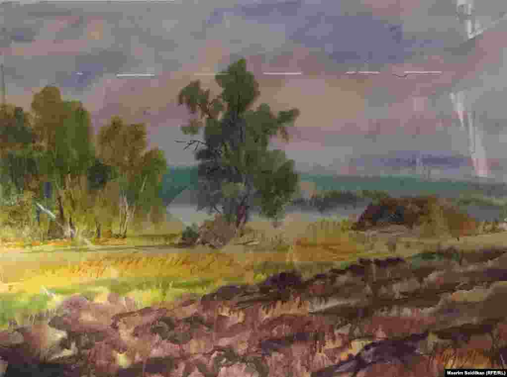 А.Ш. Кудаяровдун  "Чак түш" аттуу эмгеги, "Ермолаево боюнча" сериясынан,  кагаз, акварель, 2014