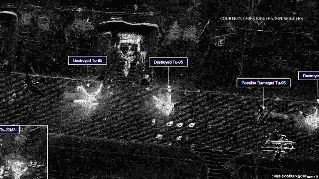 Ресей әуе базасының украиналық дрон шабуылынан соң спутниктен түсірілген суреті