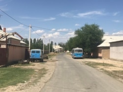 Қосмезгіл ауылында жанжал кезінде терезесі сынған үйлер маңында тұрған полиция көліктері. Түркістан облысы. 27 шілде 2020 жыл.