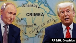 Президент России Владимир Путин и президент США Дональд Трамп на фоне карты аннексированного Крыма. Коллаж