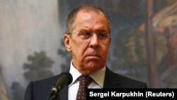 Russian Foreign Minister Sergei Lavrov speaks to reporters on March 13. "Russia is not guilty," he said.