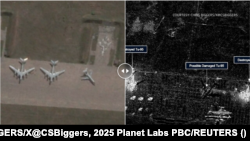 Ресей әскери аэродромындағы ұшақтар тұрған алаңның дрон шабуылына дейін және одан кейін спутниктен түсірілген суреттері