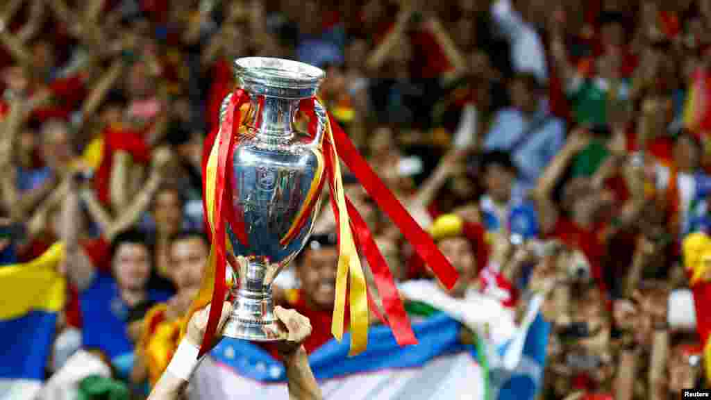 Spain's Fernando Torres lifts up the Euro 2012 trophy.