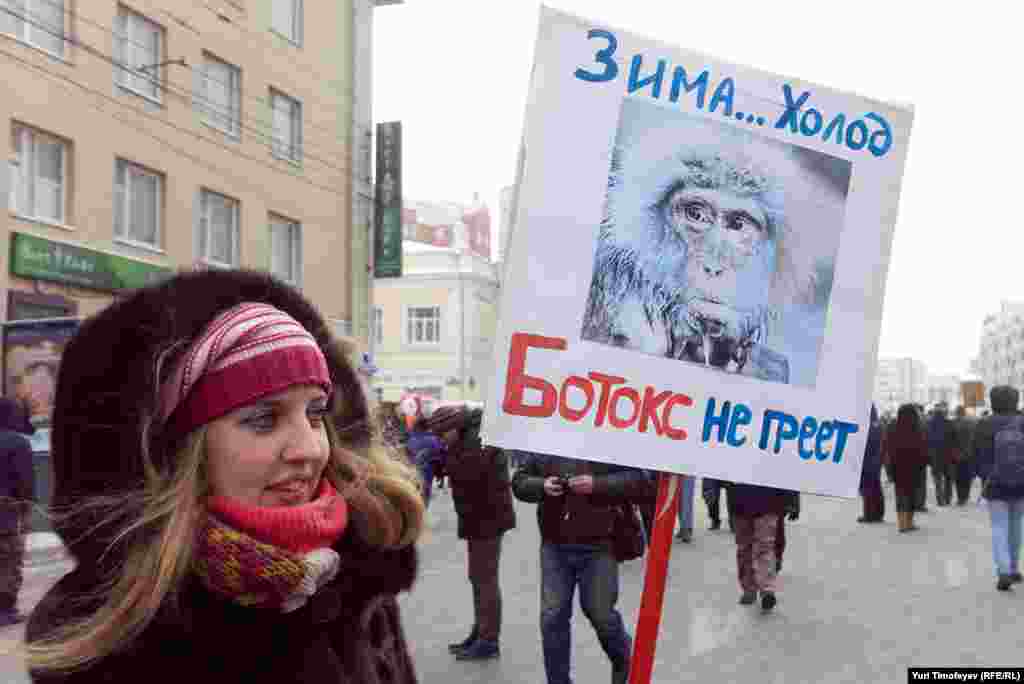 "Cold winter ... Botox doesn't help." The slogan is a reference to rumors that Putin uses Botox.