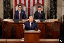 წარმომადგენელთა პალატის სპიკერი მაიკ ჯონსონი და ვიცე-პრეზიდენტი ჯეი დი ვენსი (მარცხენა) უსმენენ პრეზიდენტ დონალდ ტრამპის მიმართვას კონგრესის ერთობლივ სესიაზე კაპიტოლიუმში, ვაშინგტონში, 2025 წლის 4 მარტს.