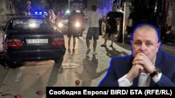 Директорът на полицията в Русе Николай Кожухаров на фона на снимка, разпространена от BIRD, от момента, в който на мястото на инцидента с него и четирима тийнейджъри малко след полунощ на 4 септември са пристигнали патрулни коли. Колаж: Свободна Европа