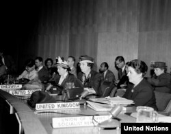 БУУнун Адам укуктары комиссиясынын аялдардын макамы боюнча жыйыны. Нью-Йорк, 8-май, 1950-жыл.