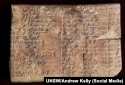 Байыркы Вавилондо мындан 3700 жыл мурда чопо тактачага шынаа сымал жазмада түшүрүлгөн тригонометриялык жадыбал. 24.8.17.