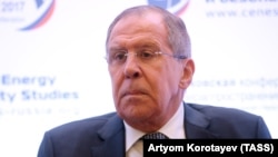 Russian Foreign Minister Sergei Lavrov speaks at the 2017 Moscow Nonproliferation Conference at the Center for Energy and Security Studies in Moscow on October 20.