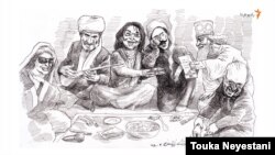 سیما بینا و مهمانانش در قسمت دوم از مجموعه برنامه میزبان. طرح از توکا نیستانی