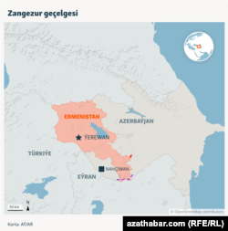 Teklip edilýän Zangezur geçelgesi kartada.