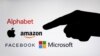Logot e disa kompanive të mëdha të teknologjisë: Alphabet, Amazon, Apple, Facebook, dhe Microsoft.