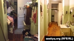 Кәрі әйелдің үйінің кіреберісінің жиналмаған кезіндегі және жиналғаннан кейінгі суреті.